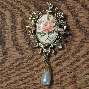 Vintage painted rose porcelain brooch with tear drop faux pearl